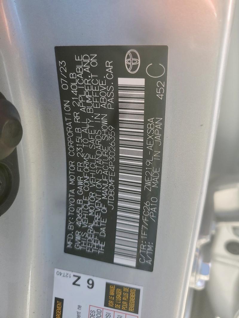 JTDBCMFE4P3026359 - 2023 TOYOTA COROLLA LE Srebrny zdjęcie 12