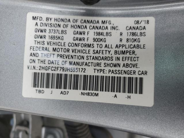 2HGFC2F79JH595172 - 2018 HONDA CIVIC EX SILVER photo 13