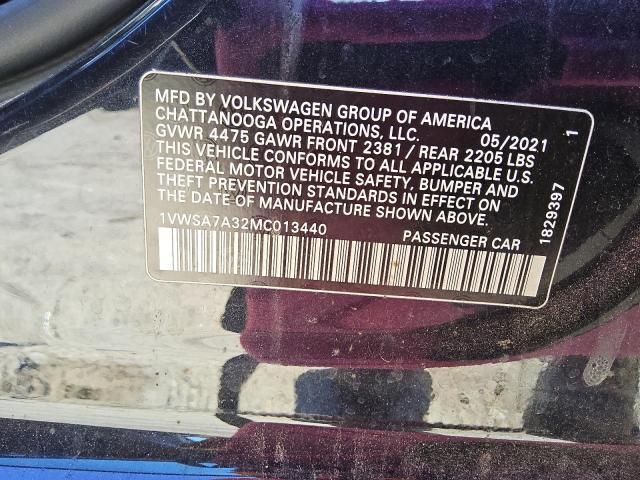 1VWSA7A32MC013440 - 2021 VOLKSWAGEN PASSAT SE BLACK photo 12