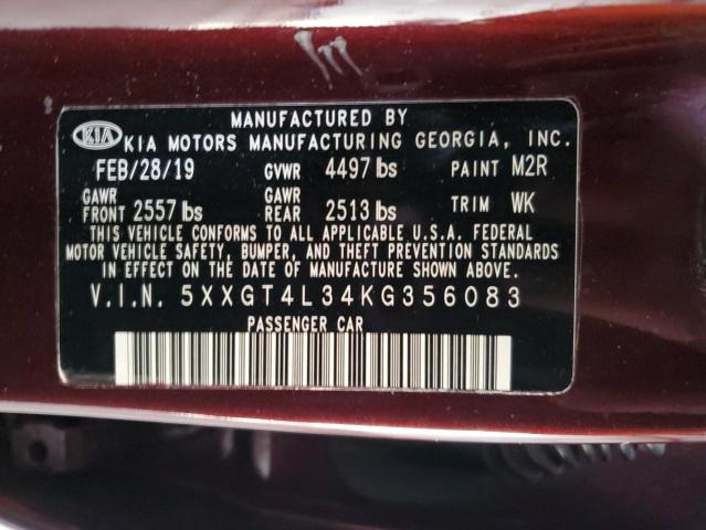 5XXGT4L34KG356083 - 2019 KIA OPTIMA LX Бордовый фото 12