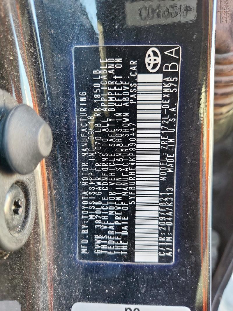 5YFBURHE4KP890447 - 2019 TOYOTA COROLLA L 黑色 照片 13