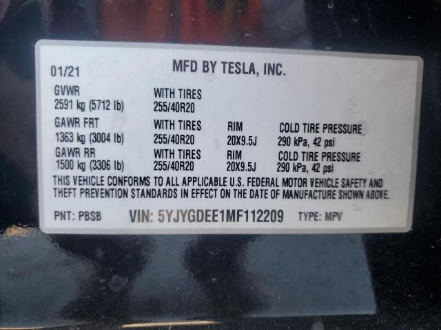 5YJYGDEE1MF112209 - 2021 TESLA MODEL Y BLACK photo 13