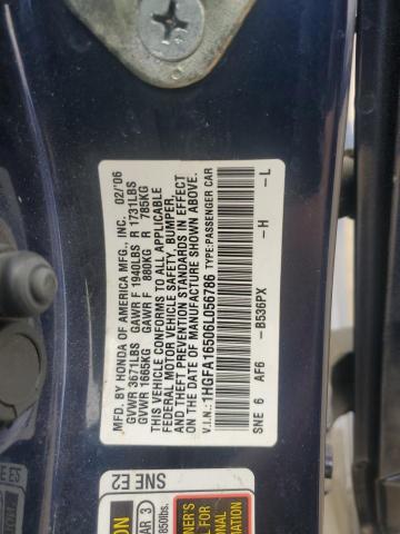 1HGFA16506L056786 - 2006 HONDA CIVIC LX BLUE photo 12