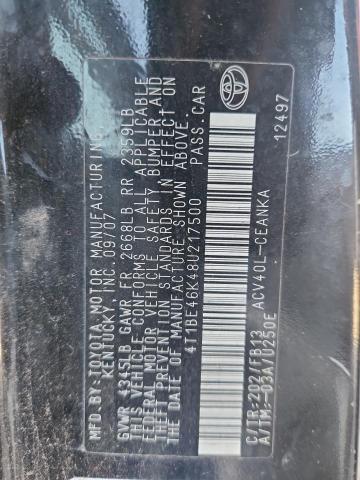 4T1BE46K48U217500 - 2008 TOYOTA CAMRY CE أسود صورة 12