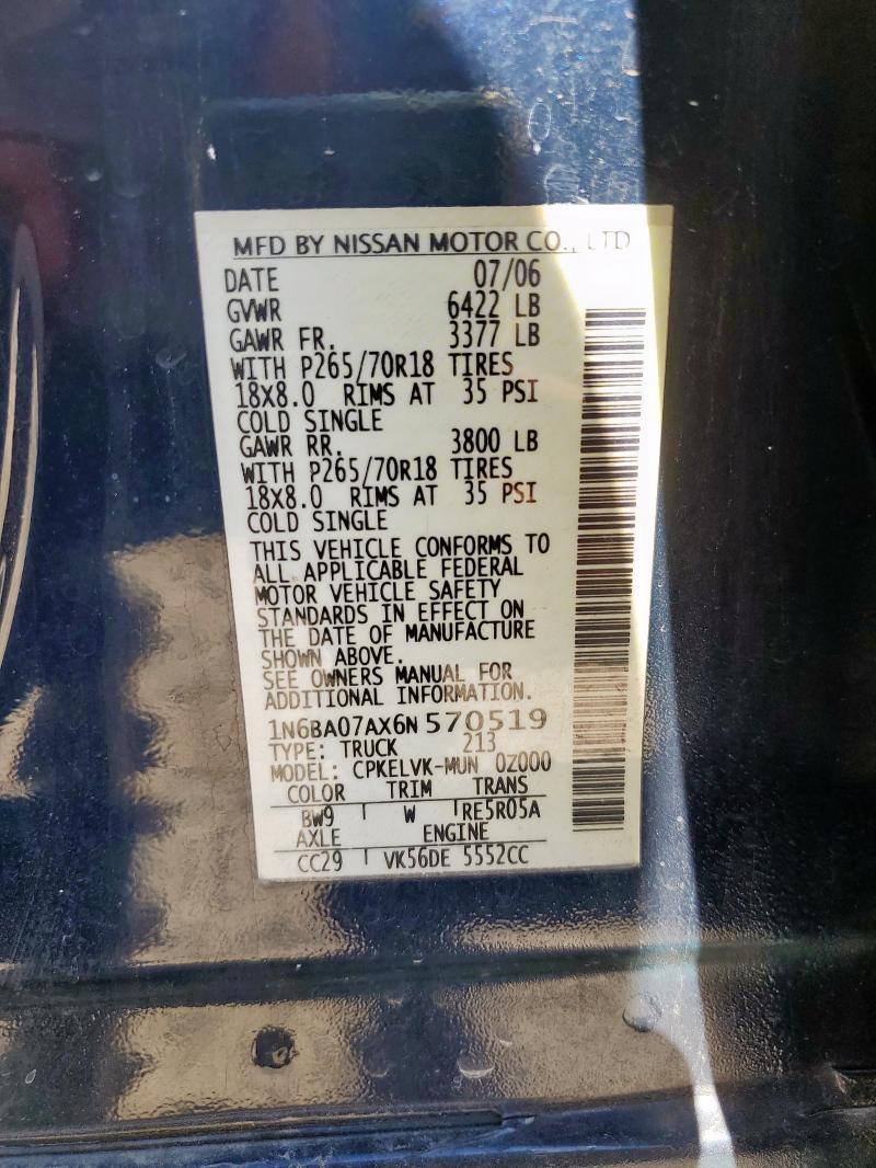 1N6BA07AX6N570519 - 2006 NISSAN TITAN XE 蓝色 照片 12