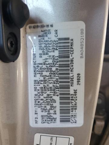 4T1BF30K12U017651 - 2002 TOYOTA CAMRY LE TAN photo 12