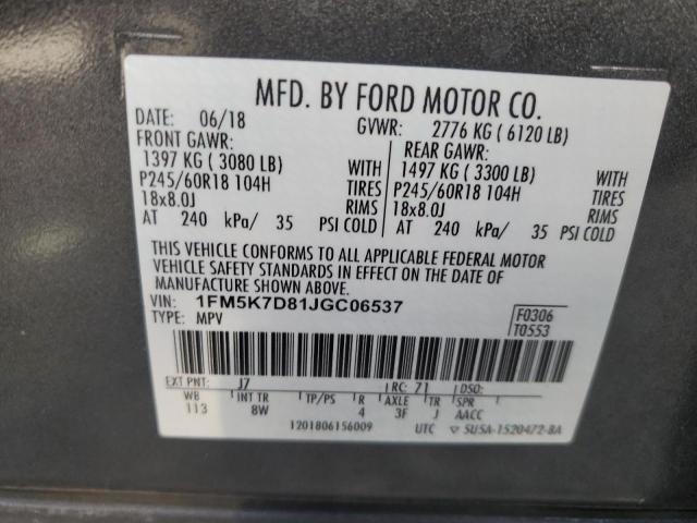 1FM5K7D81JGC06537 - 2018 FORD EXPLORER XLT Graphite photo 14