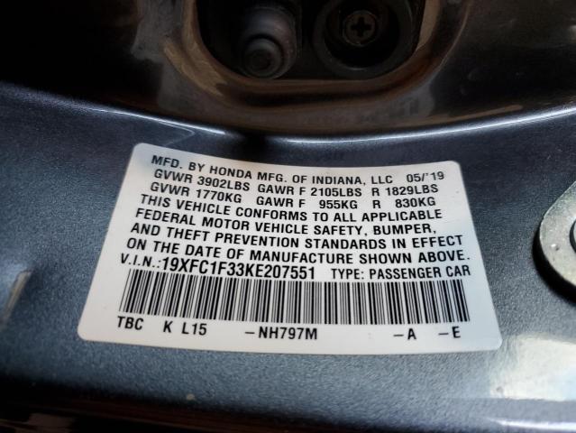 19XFC1F33KE207551 - 2019 HONDA CIVIC EX 灰色 照片 12