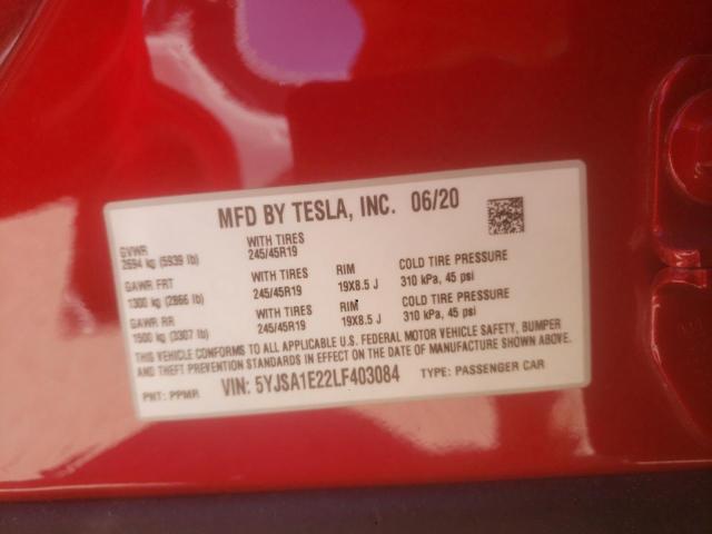5YJSA1E22LF403084 - 2020 TESLA MODEL S Rojo foto 13