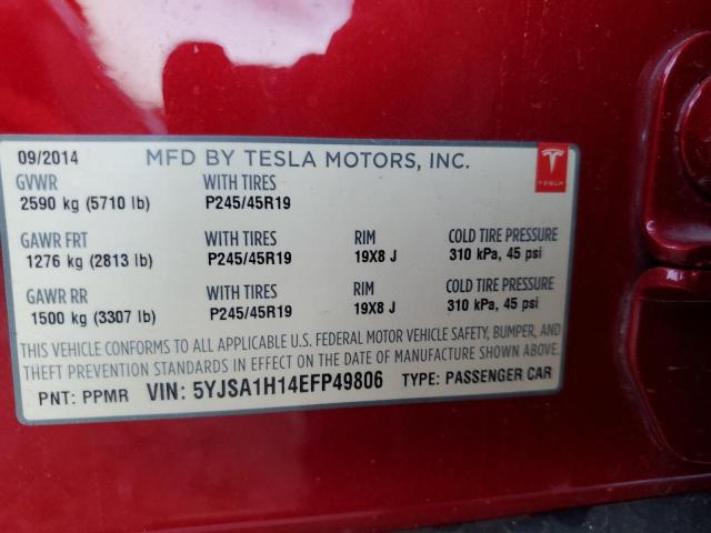 5YJSA1H14EFP49806 - 2014 TESLA MODEL S RED photo 12