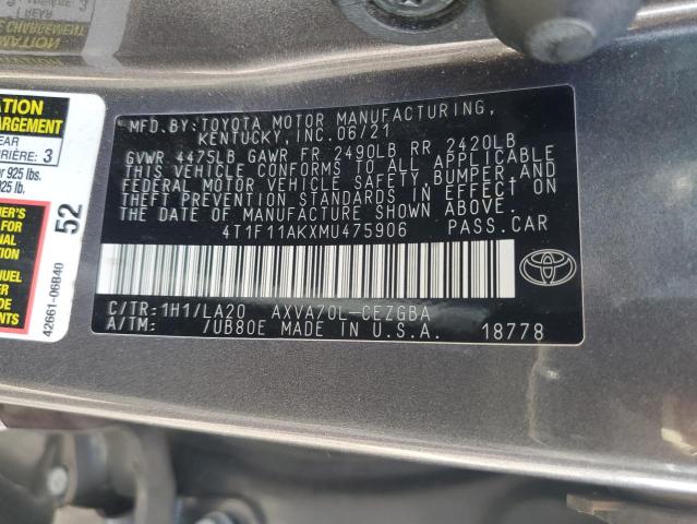 4T1F11AKXMU475906 - 2021 TOYOTA CAMRY XLE Gris photo 12