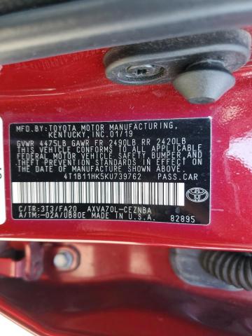 4T1B11HK5KU739762 - 2019 TOYOTA CAMRY L RED photo 13