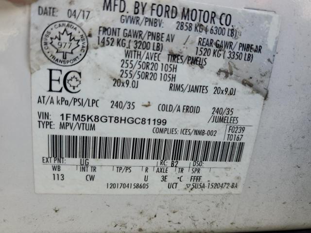 1FM5K8GT8HGC81199 - 2017 FORD EXPLORER SPORT Weiß Foto 13