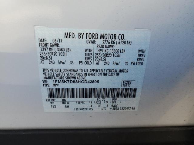 1FM5K7D88HGD42805 - 2017 FORD EXPLORER XLT Biały zdjęcie 14