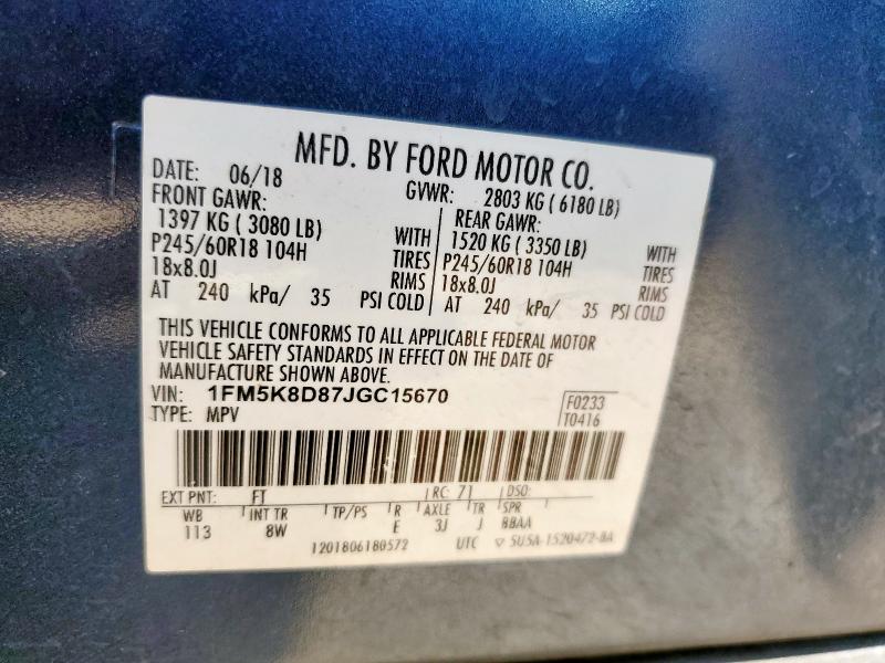 1FM5K8D87JGC15670 - 2018 FORD EXPLORER XLT BLUE photo 13