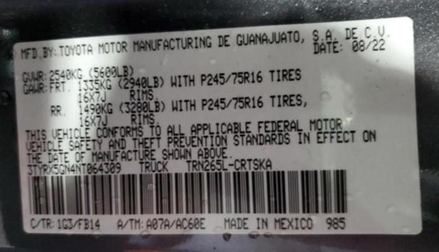 3TYRX5GN4NT064309 - 2022 TOYOTA TACOMA ACCESS CAB رمادي صورة 10