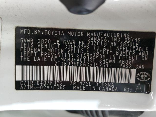 2T1BURHE8GC519251 - 2016 TOYOTA COROLLA L WHITE photo 12