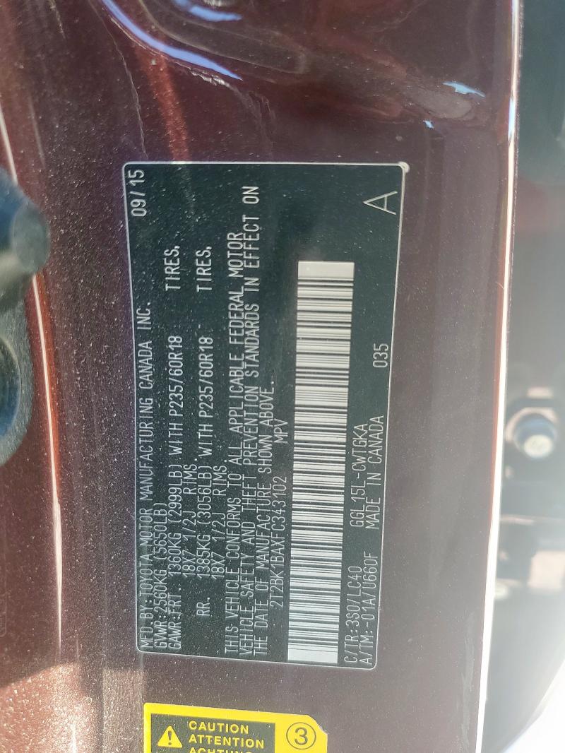 2T2BK1BAXFC343102 - 2015 LEXUS RX 350 BASE BURGUNDY photo 14