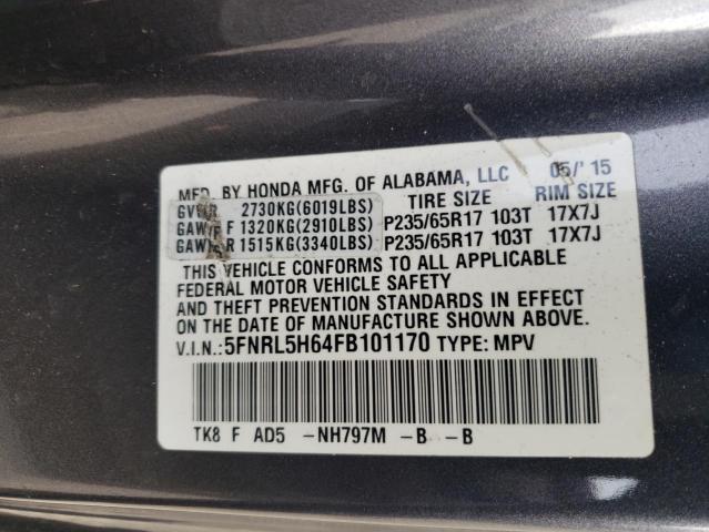 5FNRL5H64FB101170 - 2015 HONDA ODYSSEY EXL GRAY photo 13