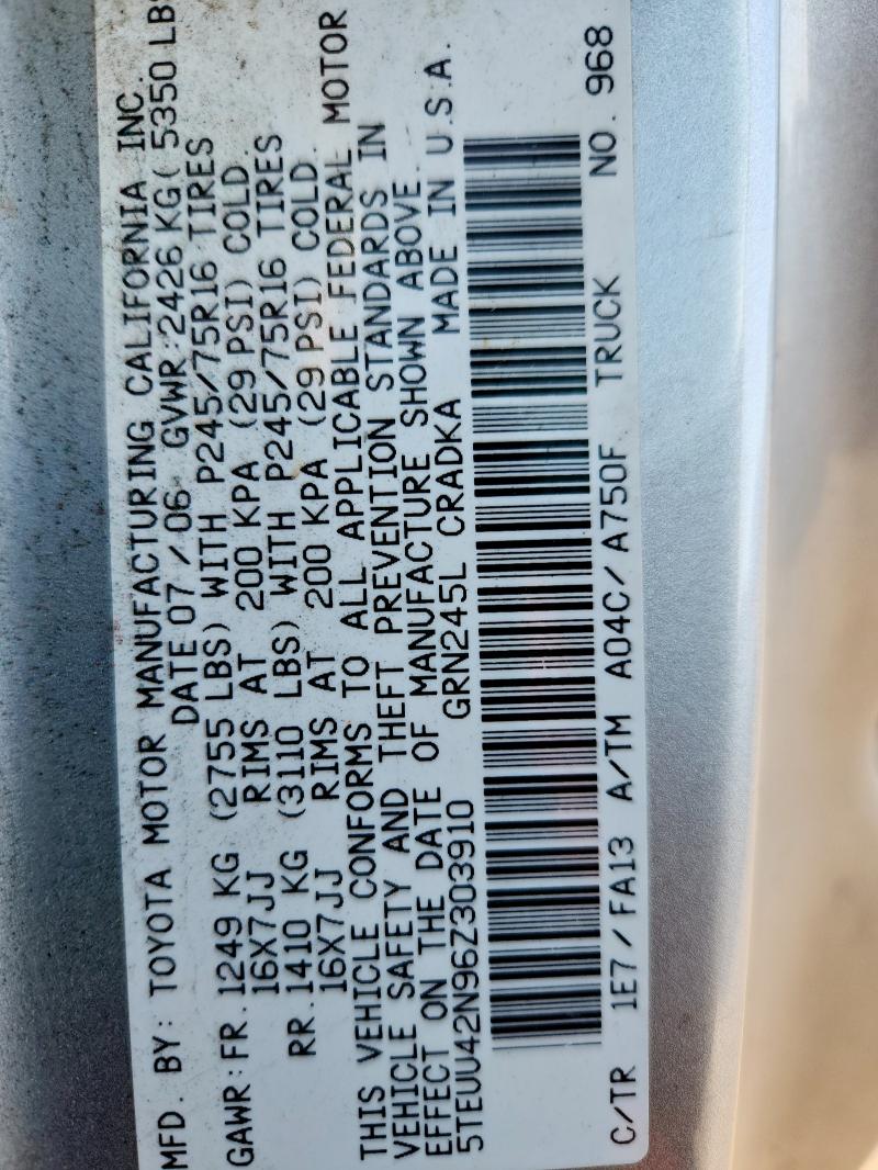 5TEUU42N96Z303910 - 2006 TOYOTA TACOMA ACCESS CAB SILVER photo 12