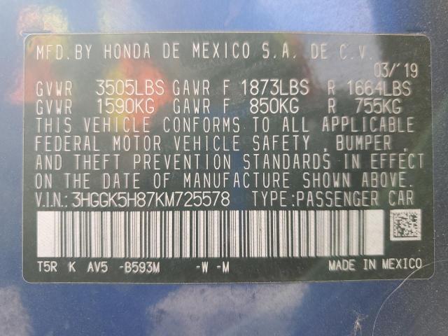 3HGGK5H87KM725578 - 2019 HONDA FIT EX ლურჯი ფოტო 12