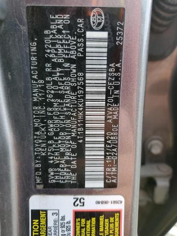 4T1B11HK4KU197568 - 2019 TOYOTA CAMRY L 灰色 照片 12