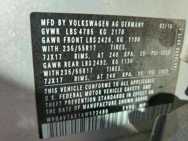 WVGAV7AX1AW522480 - 2010 VOLKSWAGEN TIGUAN S WHITE photo 12