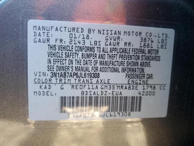 3N1AB7AP6JL619308 - 2018 NISSAN SENTRA S ნაცრისფერი ფოტო 12