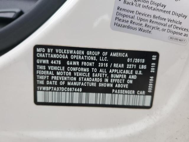 1VWBP7A37DC087449 - 2013 VOLKSWAGEN PASSAT SE WHITE photo 12