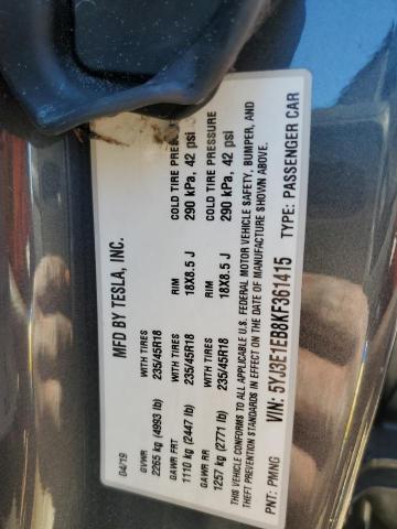 5YJ3E1EB8KF361415 - 2019 TESLA MODEL 3 GRAY photo 12