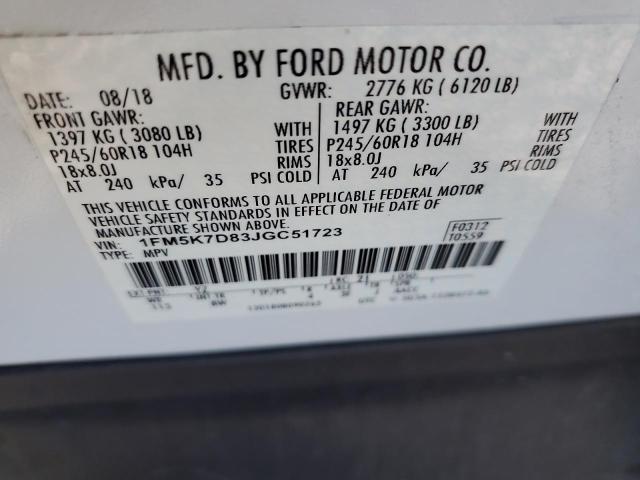 1FM5K7D83JGC51723 - 2018 FORD EXPLORER XLT თეთრი ფოტო 13