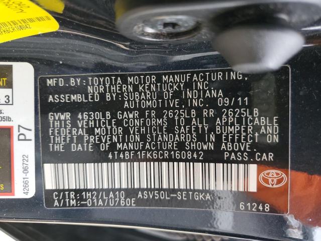 4T4BF1FK6CR160842 - 2012 TOYOTA CAMRY BASE BLACK photo 12