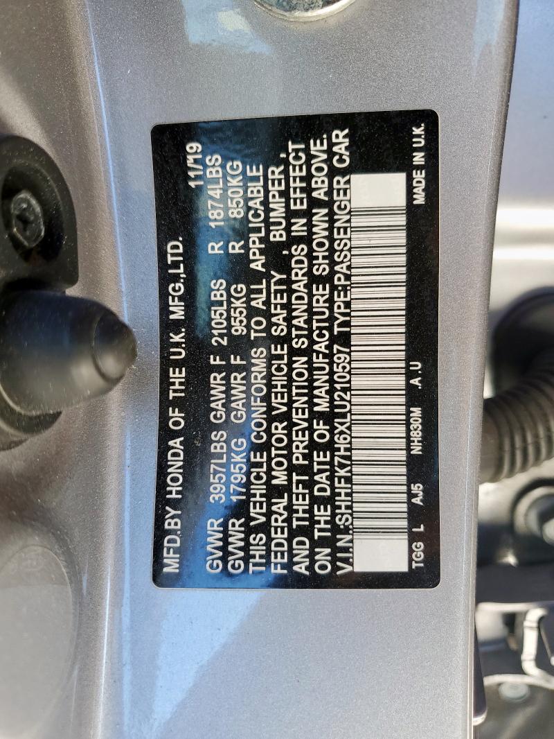 SHHFK7H6XLU210597 - 2020 HONDA CIVIC EX Күміс фото 12