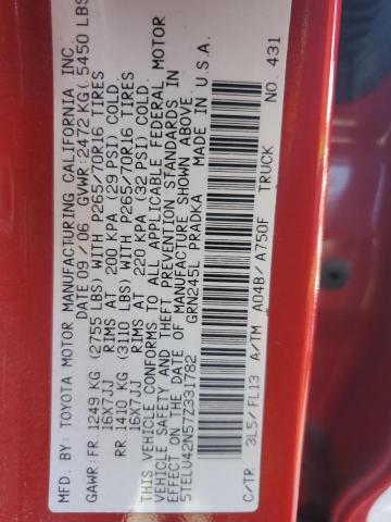 5TELU42N57Z331782 - 2007 TOYOTA TACOMA DOUBLE CAB წითელი ფოტო 12