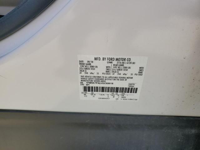 1FM5K7F82JGC69918 - 2018 FORD EXPLORER LIMITED Beyaz fotoğraf 13