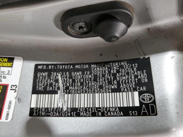 2T1BU4EE2DC959694 - 2013 TOYOTA COROLLA BASE ვერცხლისფერი ფოტო 12