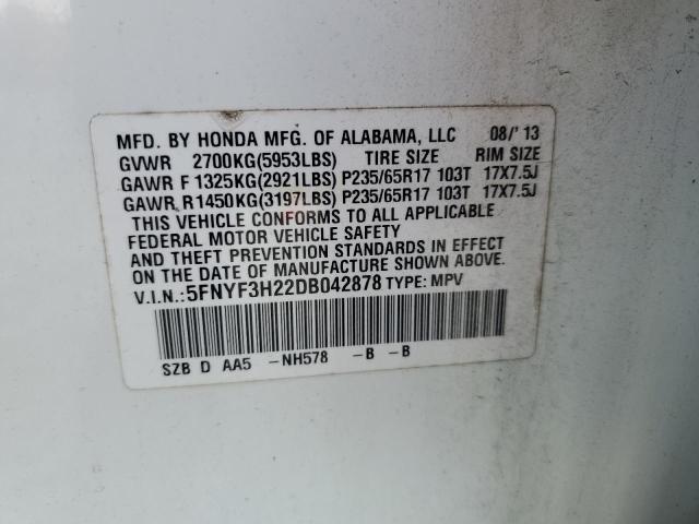 5FNYF3H22DB042878 - 2013 HONDA PILOT LX თეთრი ფოტო 13