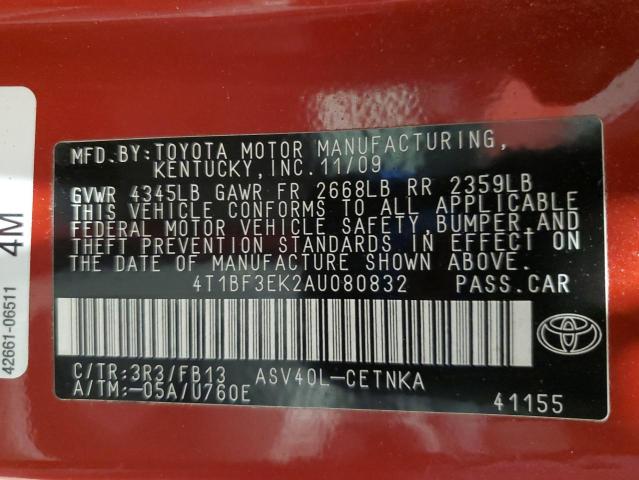 4T1BF3EK2AU080832 - 2010 TOYOTA CAMRY BASE RED photo 13