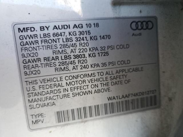 WA1LAAF74KD012727 - 2019 AUDI Q7 PREMIUM PLUS Blanco foto 13