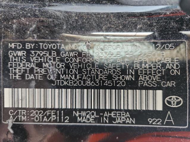 JTDKB20U863145120 - 2006 TOYOTA PRIUS შავი ფოტო 12