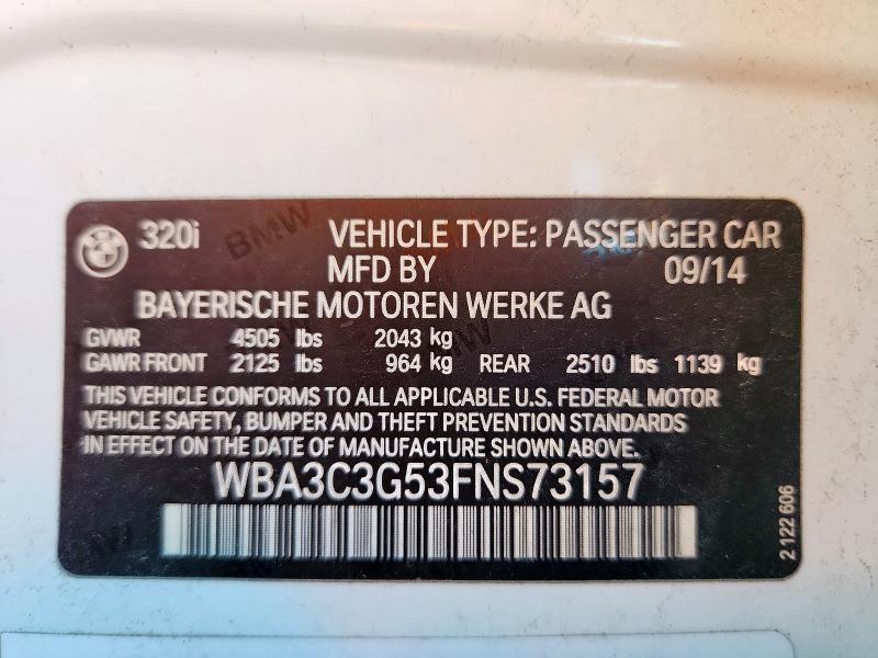 WBA3C3G53FNS73157 - 2015 BMW 320 I XDRIVE WHITE photo 12