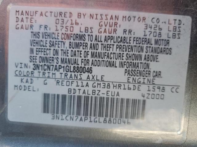 3N1CN7AP1GL880046 - 2016 NISSAN VERSA S GRAY photo 13