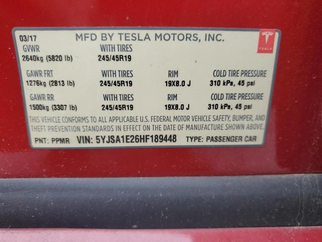 5YJSA1E26HF189448 - 2017 TESLA MODEL S Կարմիր լուսանկար 12