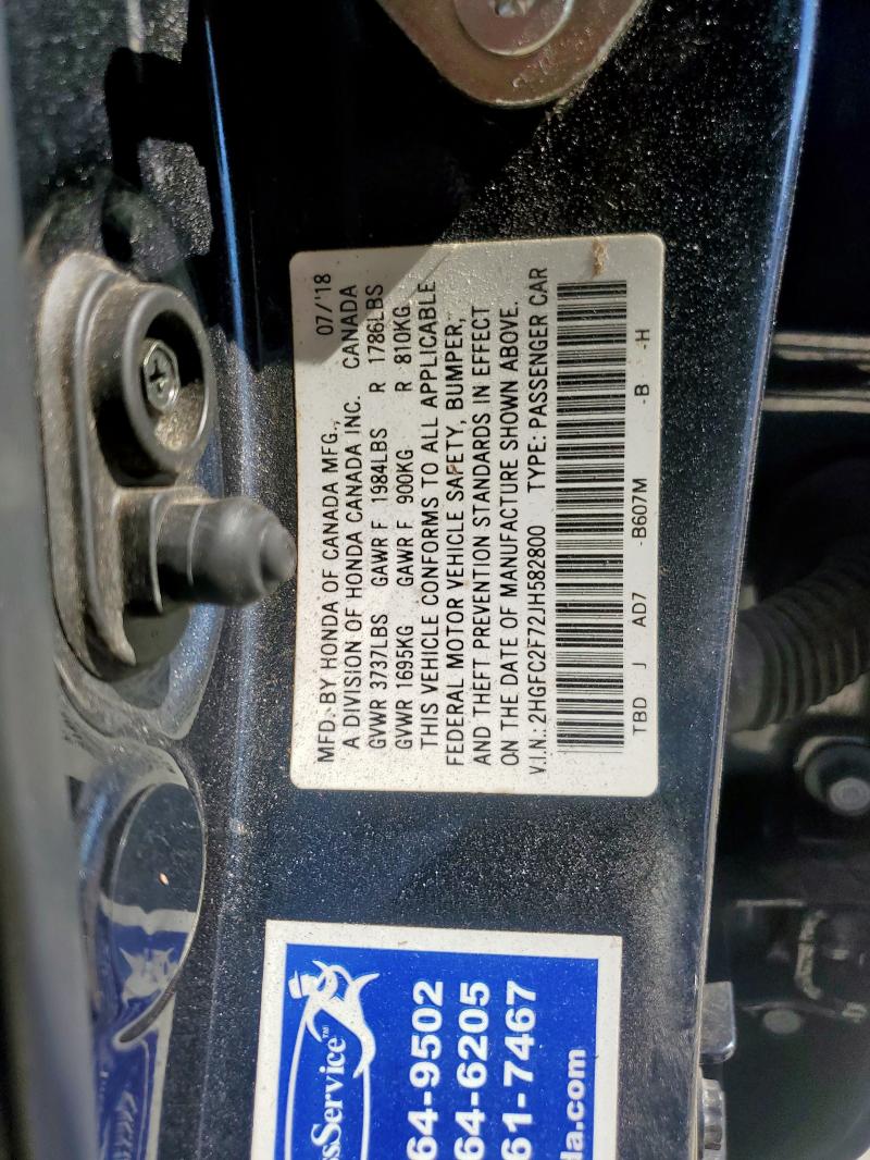 2HGFC2F72JH582800 - 2018 HONDA CIVIC EX GRAY photo 13