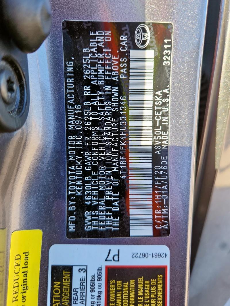 4T1BF1FK4HU331346 - 2017 TOYOTA CAMRY LE GRAY photo 12