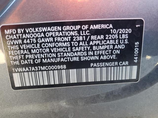 1VWAA7A37MC000968 - 2021 VOLKSWAGEN PASSAT S ნაცრისფერი ფოტო 12