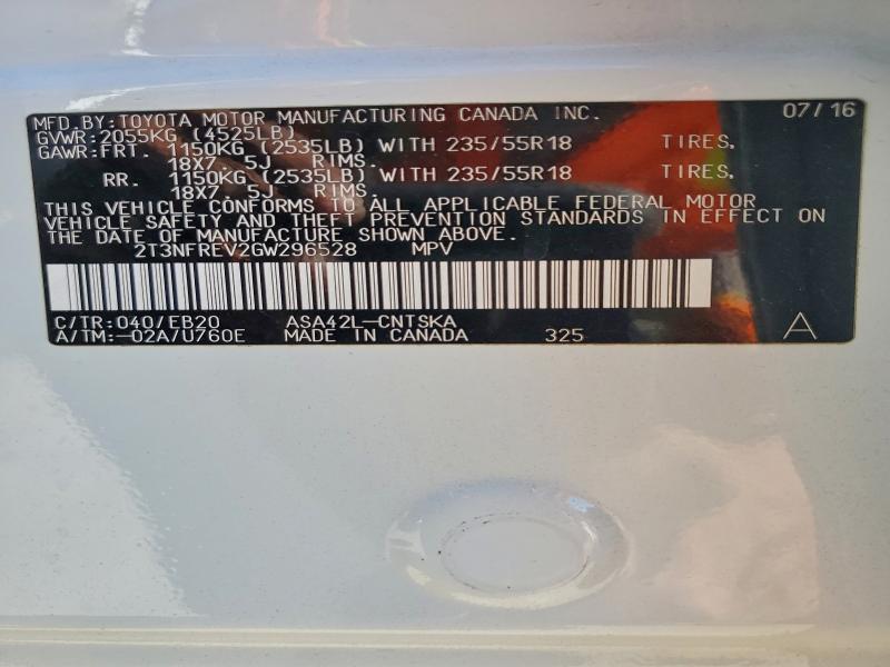 2T3NFREV2GW296528 - 2016 TOYOTA RAV4 SE WHITE photo 14