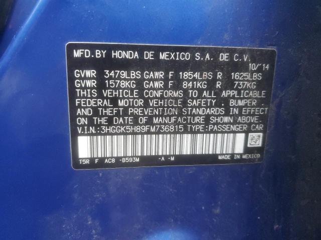 3HGGK5H89FM736815 - 2015 HONDA FIT EX BLUE photo 12