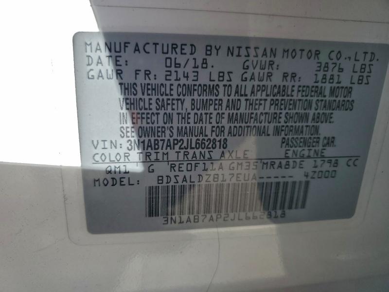 3N1AB7AP2JL662818 - 2018 NISSAN SENTRA S WHITE photo 12