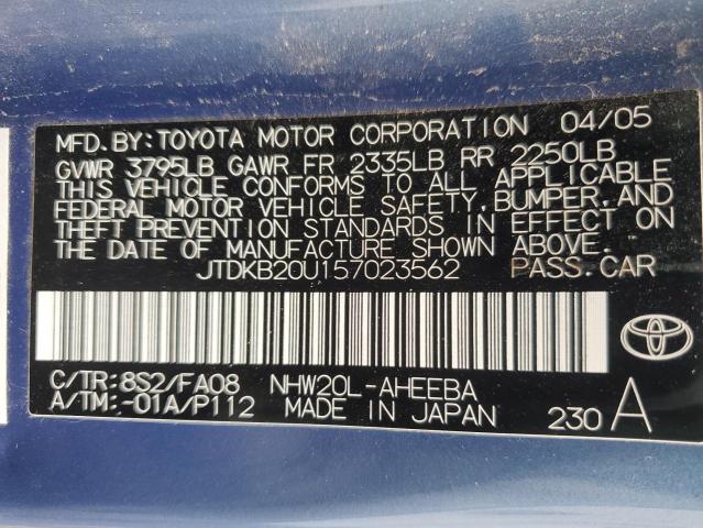 JTDKB20U157023562 - 2005 TOYOTA PRIUS 蓝色 照片 12